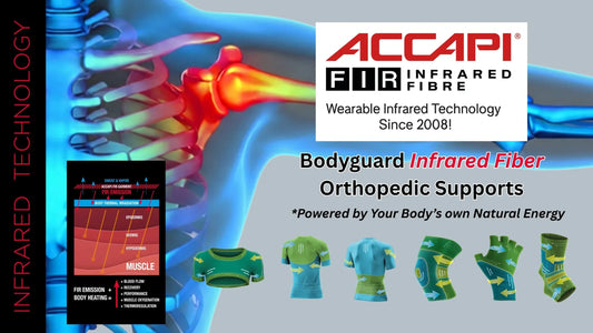 Accapi FIR Infrared Fibre bodyguard orthopedic supports, showing multiple wearable support garments (shirts, shorts, knee pads, socks)